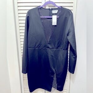 Black Mimi dress size med with mesh v neck and mesh side split